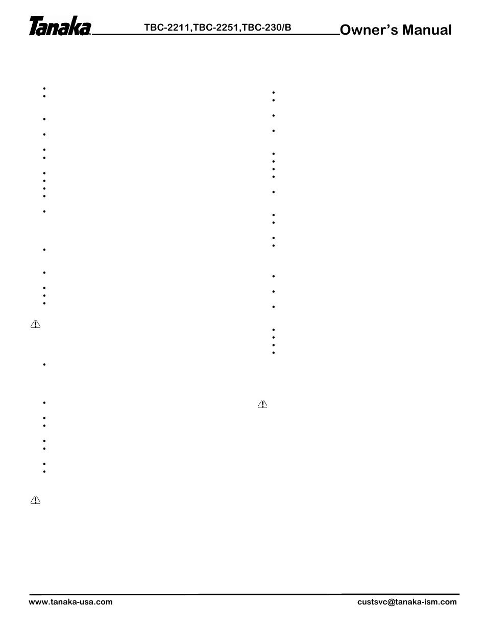 Warnings & safety instructions, Owner’s manual | Tanaka TBC-2251 User Manual | Page 5 / 20