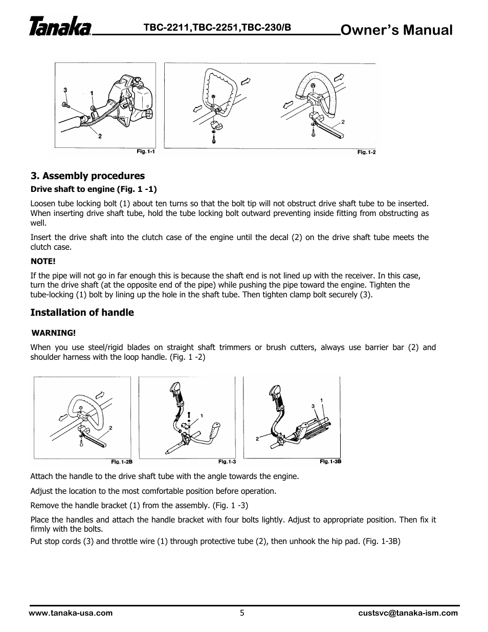 Assembly, Owner’s manual | Tanaka TBC-2251 User Manual | Page 6 / 20