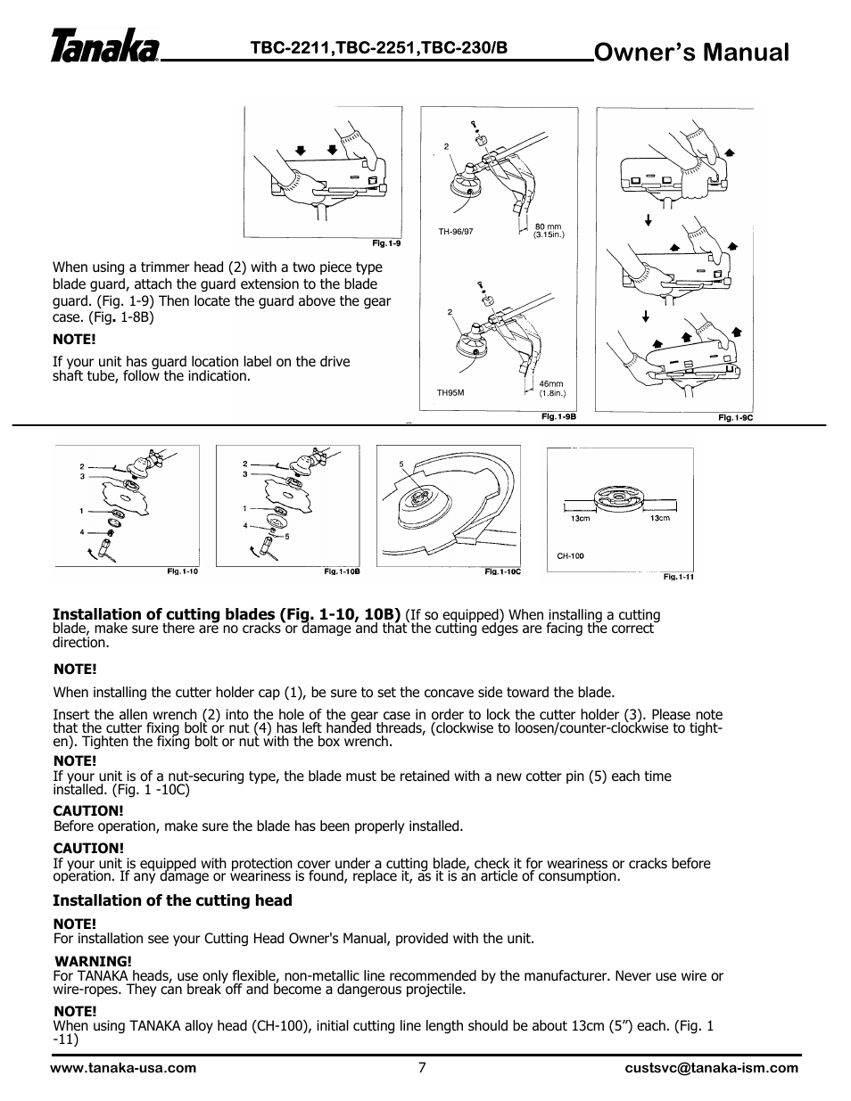 Installation of cutting blades, Owner’s manual | Tanaka TBC-2251 User Manual | Page 8 / 20