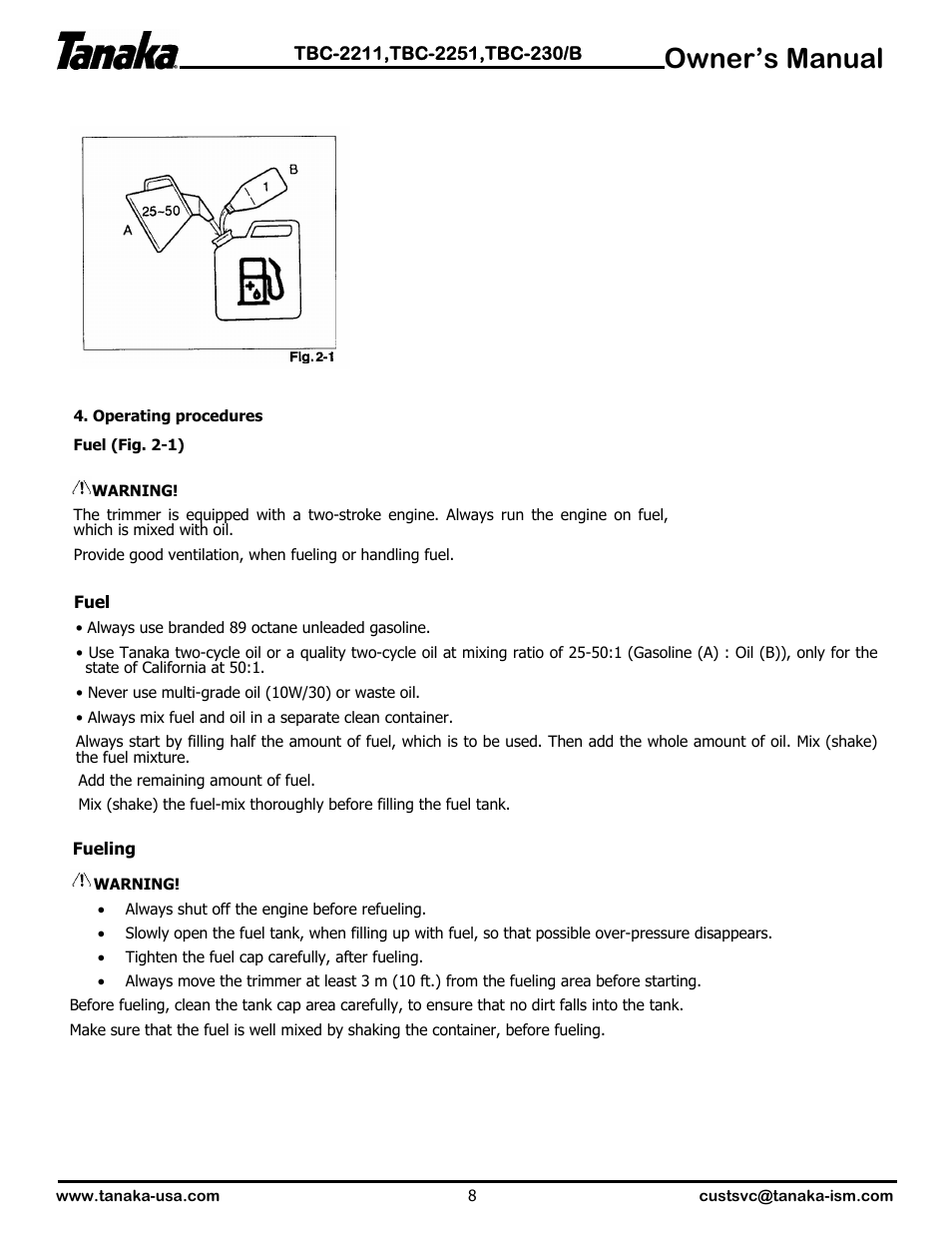 Operation, Owner’s manual | Tanaka TBC-2251 User Manual | Page 9 / 20