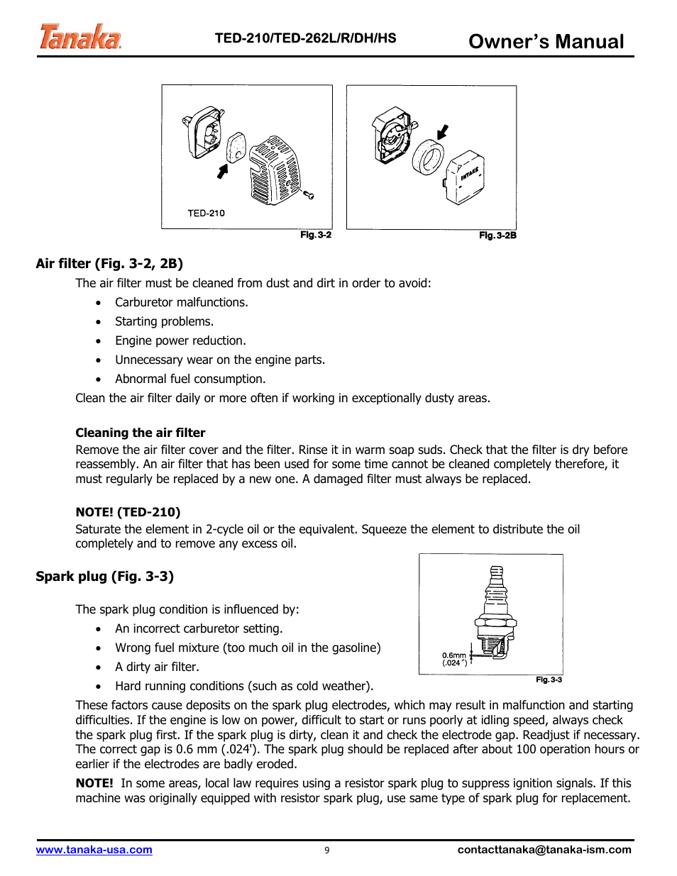 Owner’s manual | Tanaka TED-262DH User Manual | Page 10 / 14