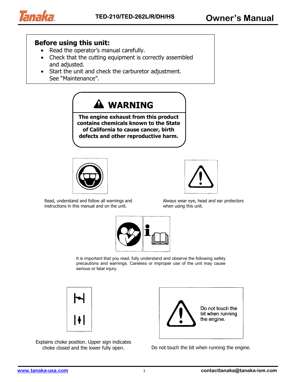 Symbols & alerts, Owner’s manual, Warning | Tanaka TED-262DH User Manual | Page 2 / 14