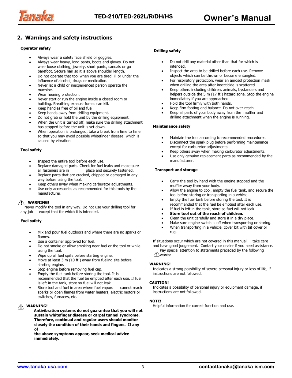 Warnings & safety instructions, Owner’s manual, Warnings and safety instructions | Tanaka TED-262DH User Manual | Page 4 / 14
