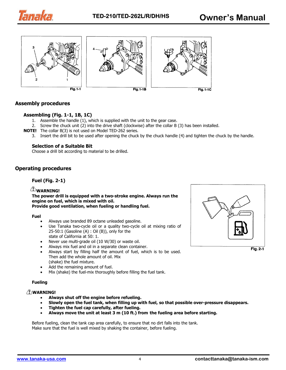 Assembly & operation, Owner’s manual | Tanaka TED-262DH User Manual | Page 5 / 14
