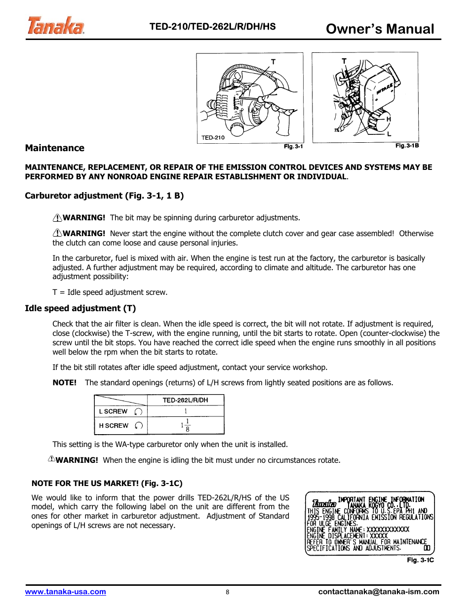Maintenance, Owner’s manual | Tanaka TED-262DH User Manual | Page 9 / 14