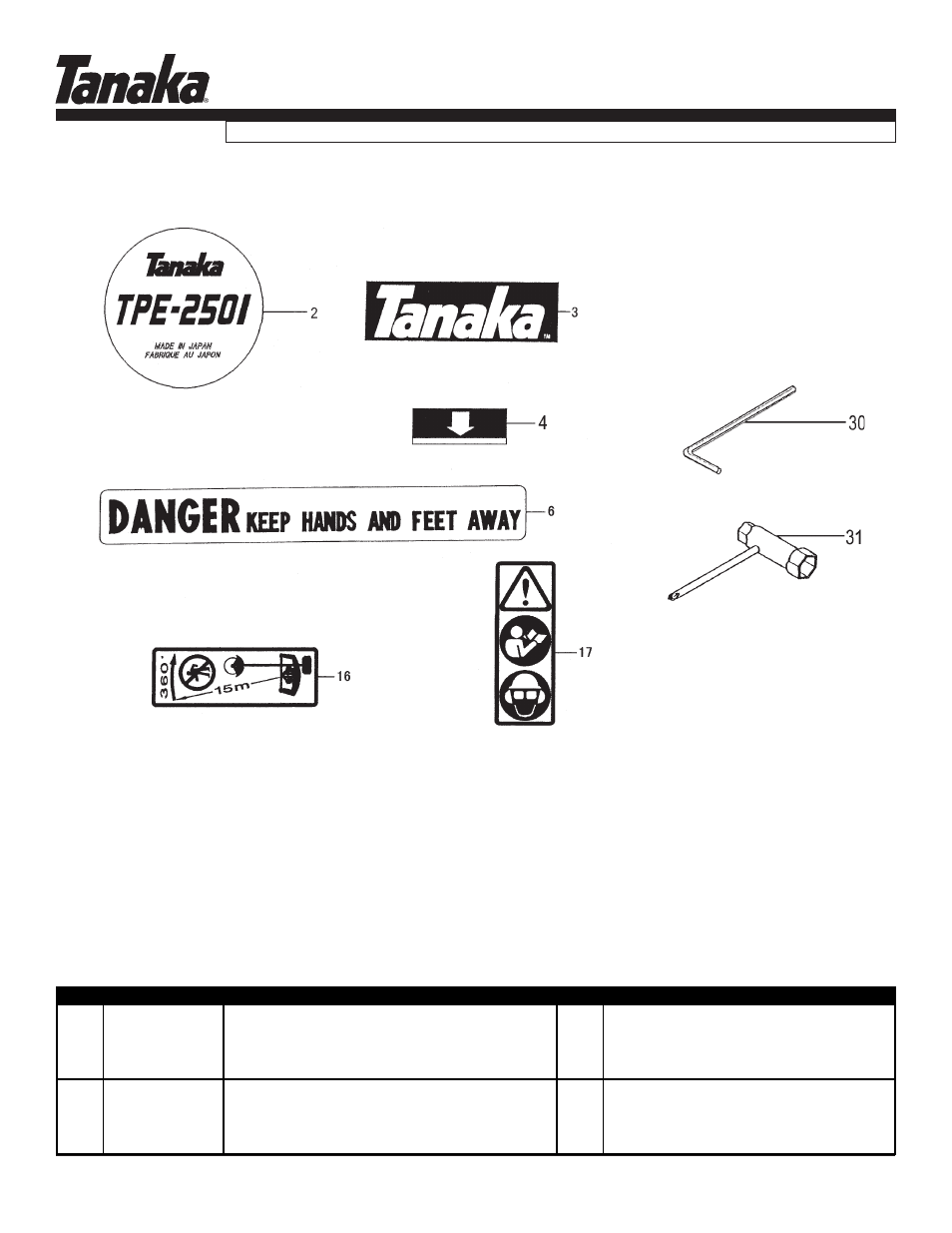 Decals & tools, Tpe-2501, Parts information | Tanaka TPE-2501 User Manual | Page 14 / 17