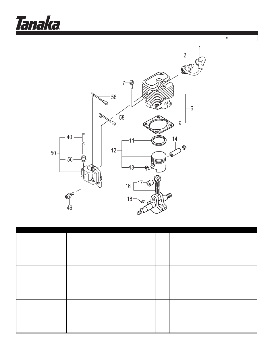 Cylinder, piston, crank & ignition, Parts information, Tbc-225cs | Tanaka TBC-225CS User Manual | Page 2 / 15