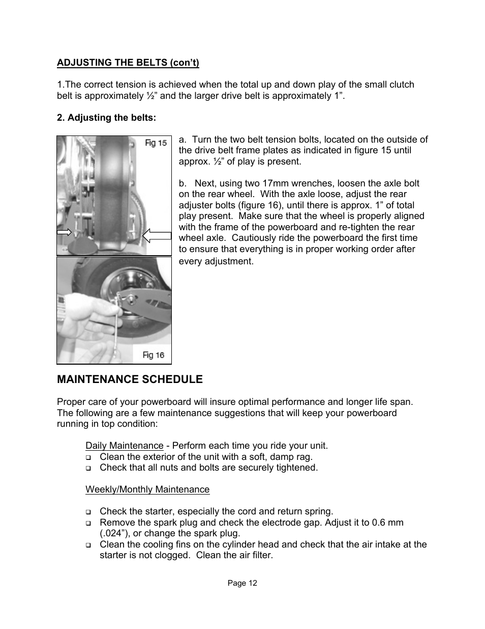 Belts cont, Maintenance schedule | Tanaka TPB-400GX User Manual | Page 12 / 14