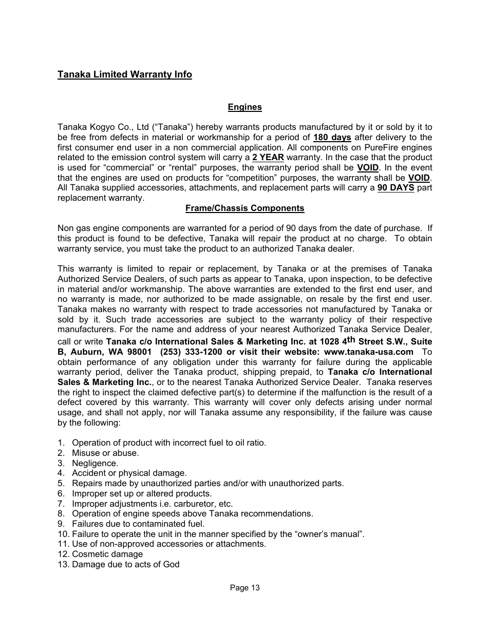 Warranty info | Tanaka TPB-400GX User Manual | Page 13 / 14