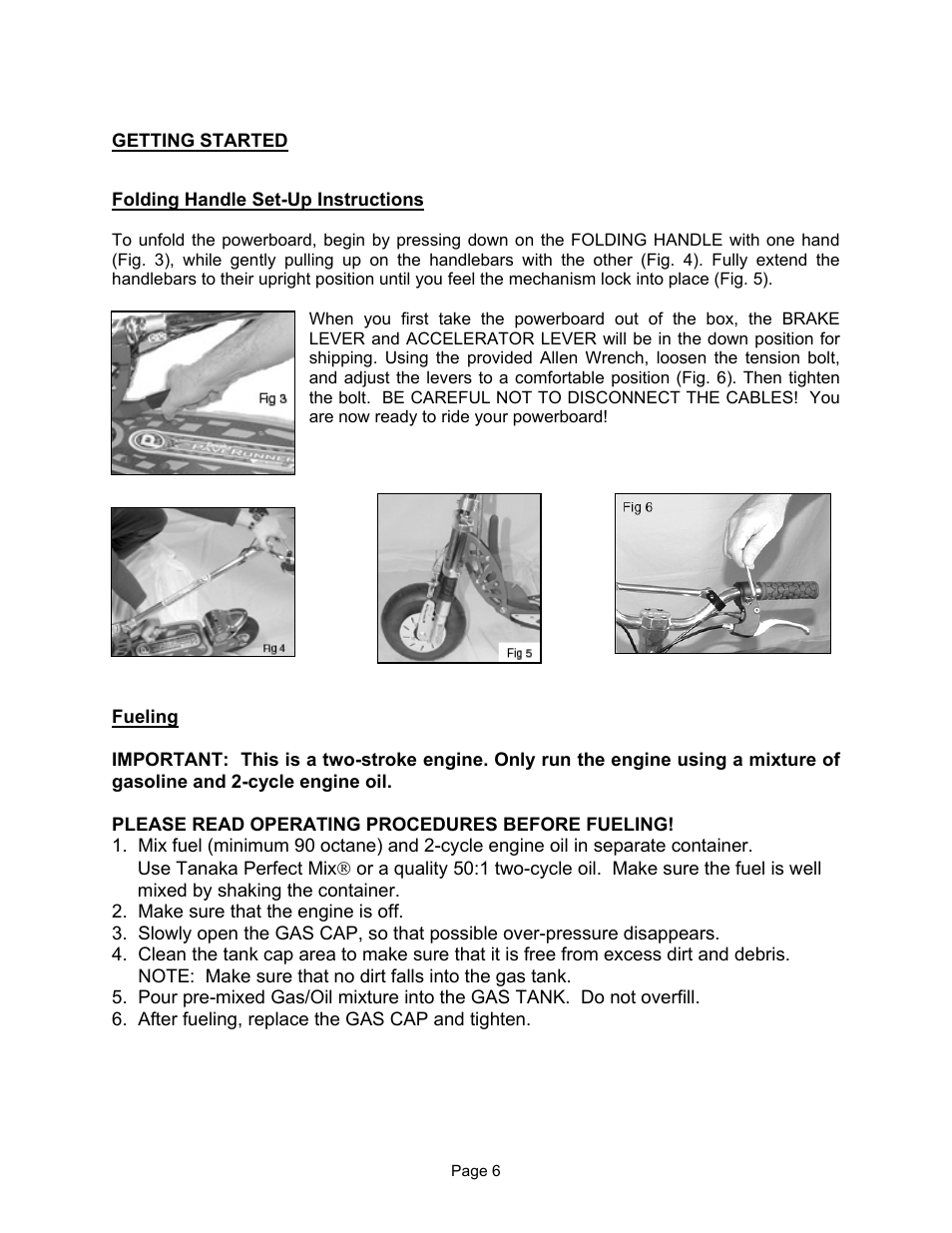 Getting started, Folding handle set-up instructions, Fueling | Tanaka TPB-400GX User Manual | Page 6 / 14