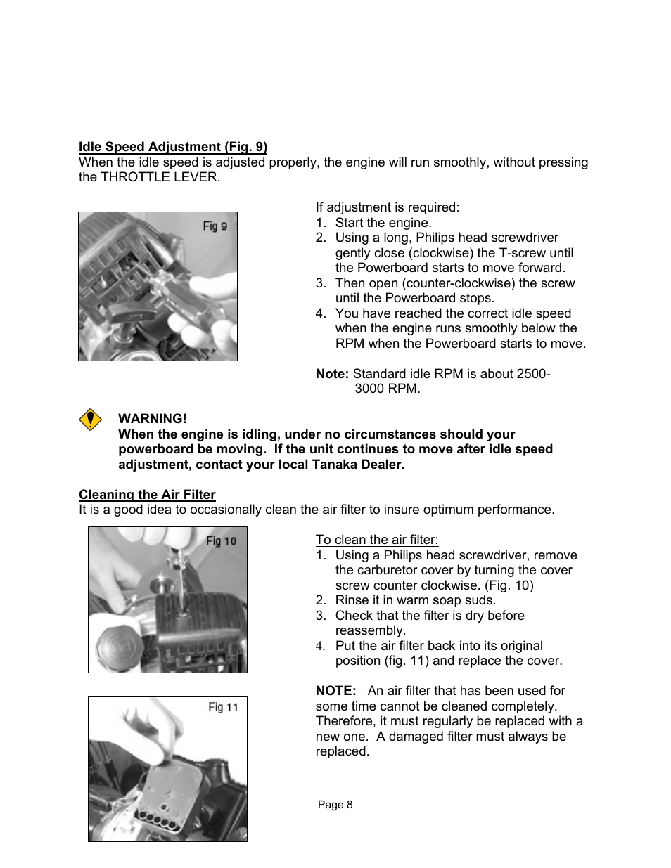 Idle speed adjustment, Changing the air filter | Tanaka TPB-400GX User Manual | Page 8 / 14