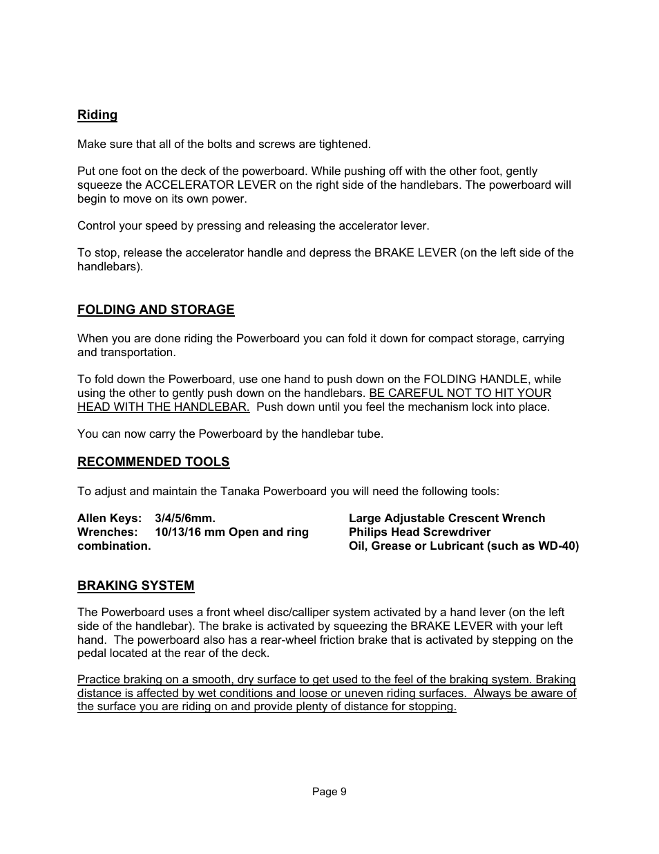 Riding, Folding and storage, Braking system | Tanaka TPB-400GX User Manual | Page 9 / 14