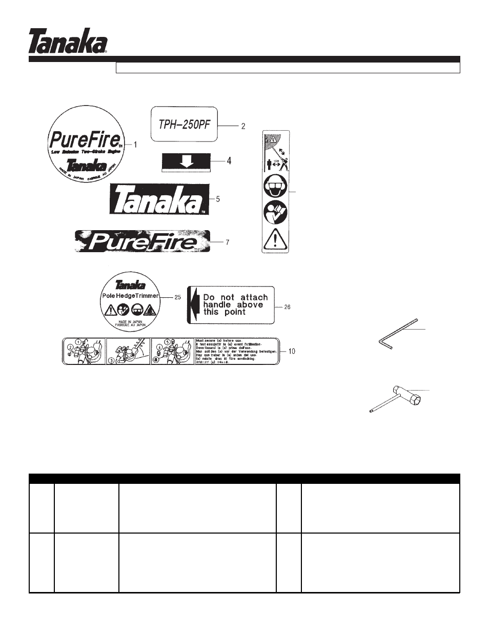 Decals & tools, Tph-250pf, Parts information | Tanaka TPH-250PF User Manual | Page 19 / 19