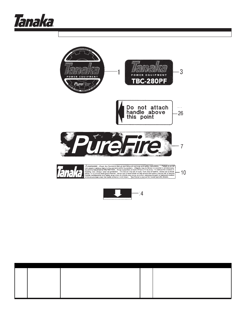 Decals, Parts information, Tbc-280pf | Tanaka TBC-280PF User Manual | Page 16 / 16