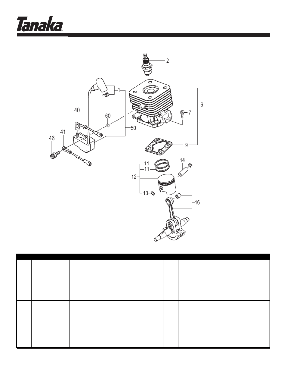 Cylinder, piston, crankshaft & ignition, Parts information, Tbc-280pf | Tanaka TBC-280PF User Manual | Page 2 / 16