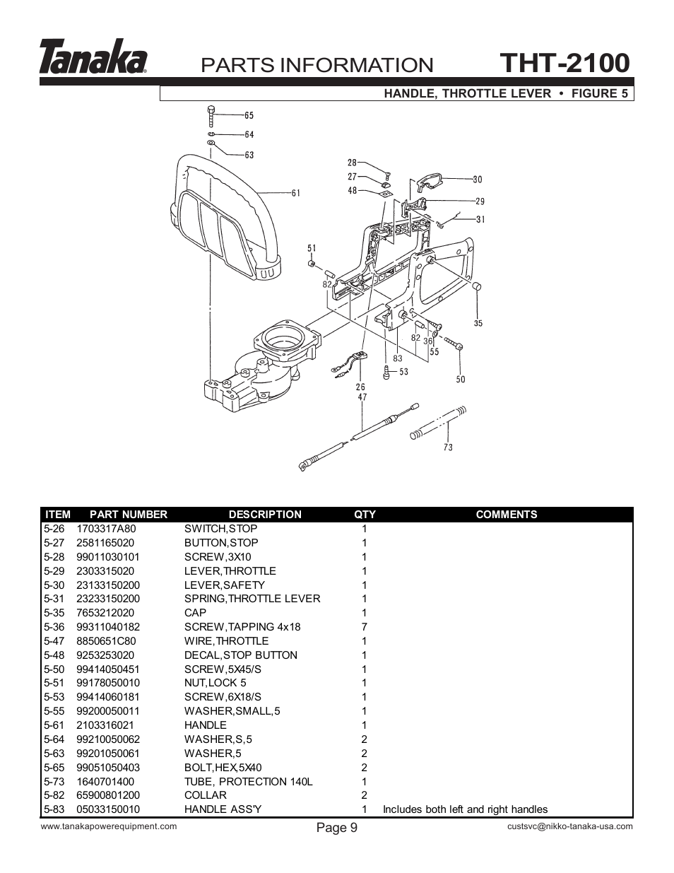 Handle & throttle lever, Tht-2100, Parts information | Tanaka THT-210 User Manual | Page 10 / 14