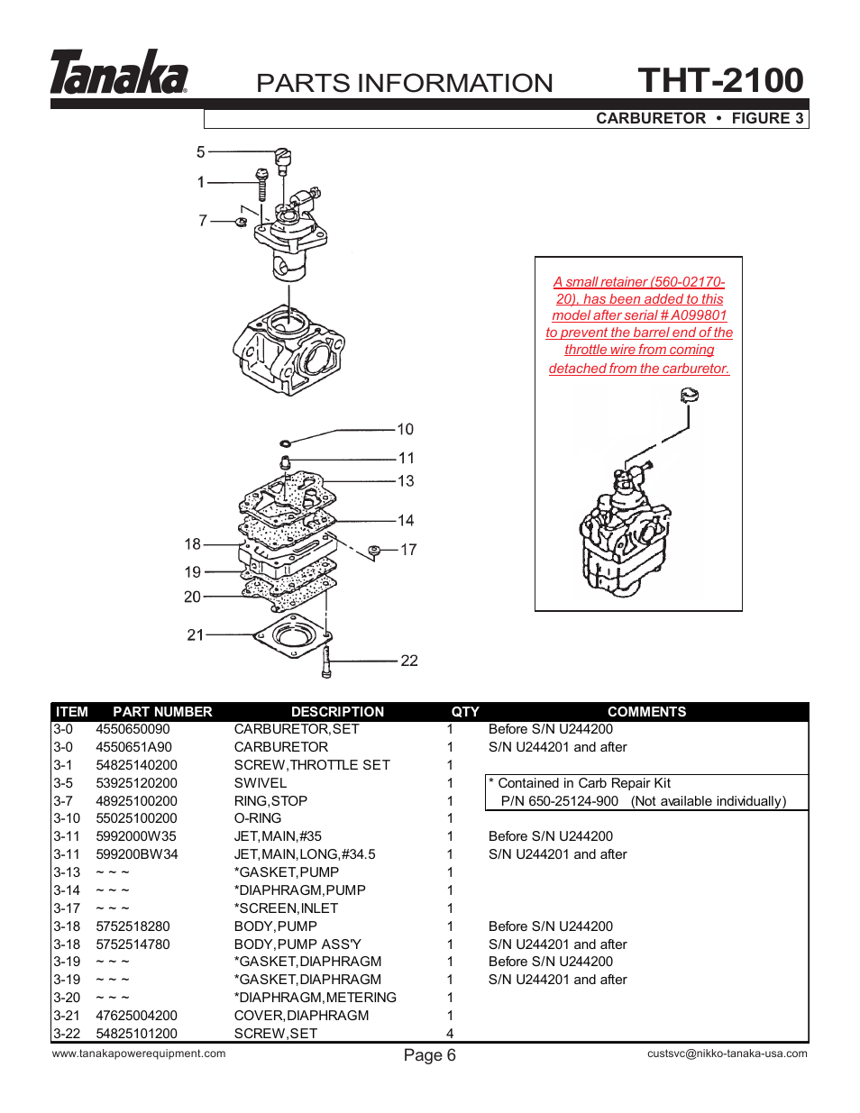 Carburetor, Tht-2100, Parts information | Tanaka THT-210 User Manual | Page 7 / 14