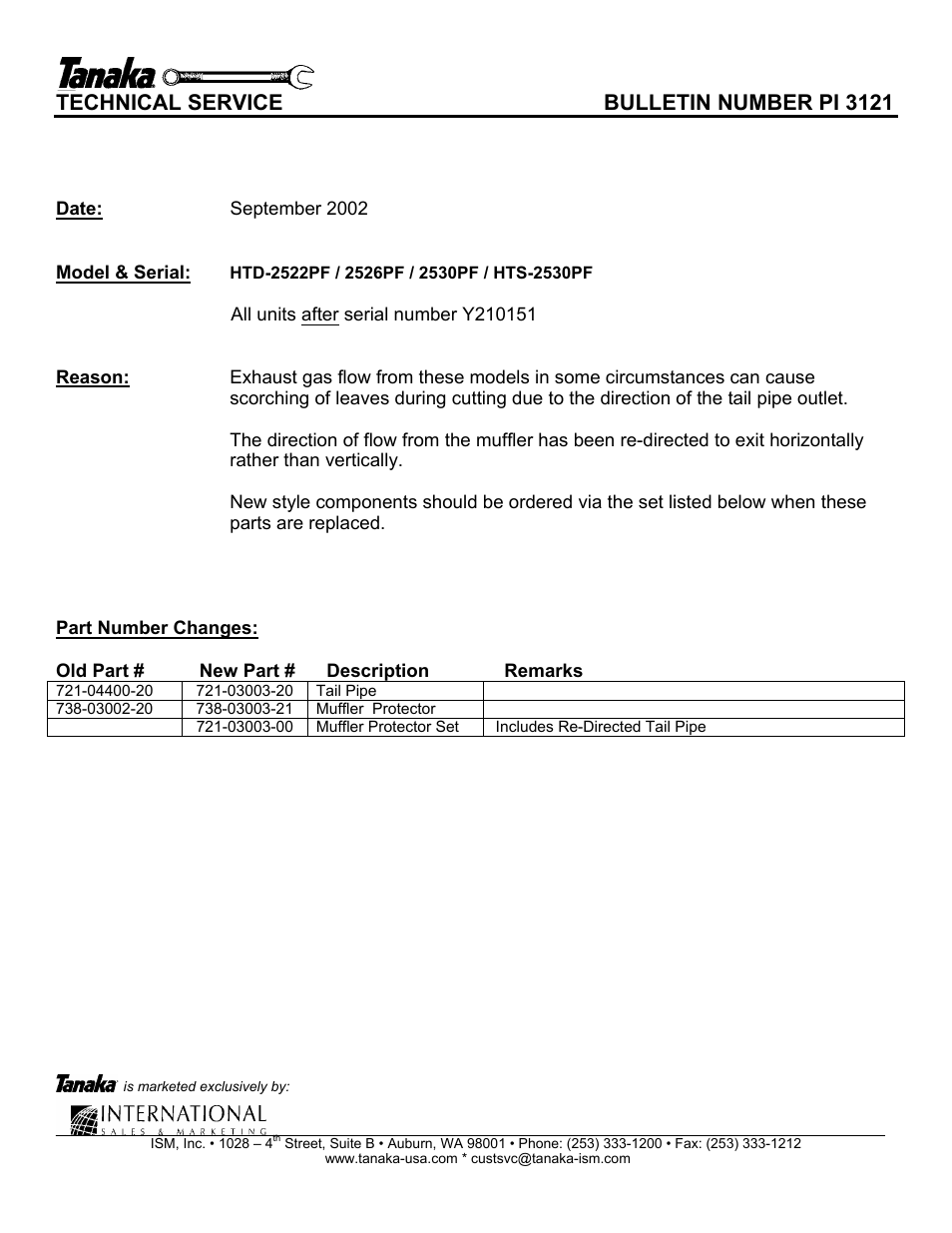 Parts bulletin # pi-3121, Technical service bulletin number pi 3121 | Tanaka HTD-2530PF User Manual | Page 17 / 18