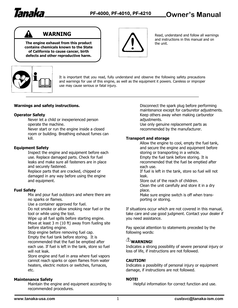 Warnings & safety instructions, Owner’s manual, Warning | Tanaka PF-4000 User Manual | Page 2 / 7