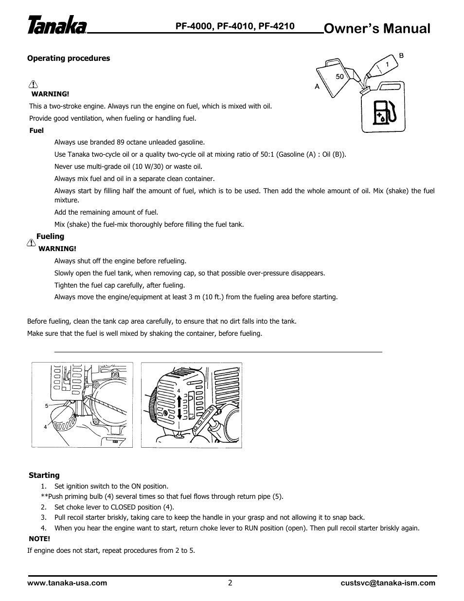 Operating procedures, Owner’s manual | Tanaka PF-4000 User Manual | Page 3 / 7