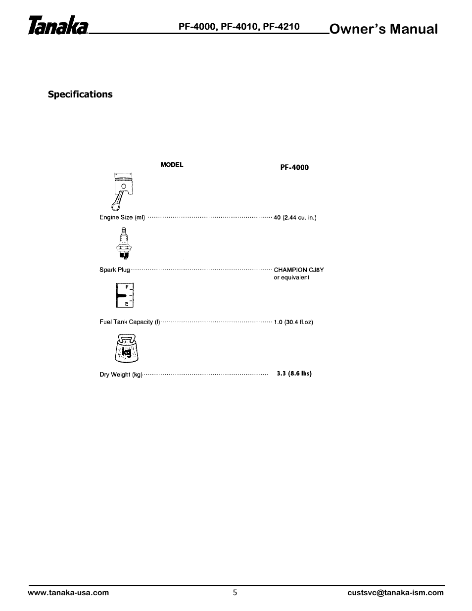 Specifications, Owner’s manual | Tanaka PF-4000 User Manual | Page 6 / 7