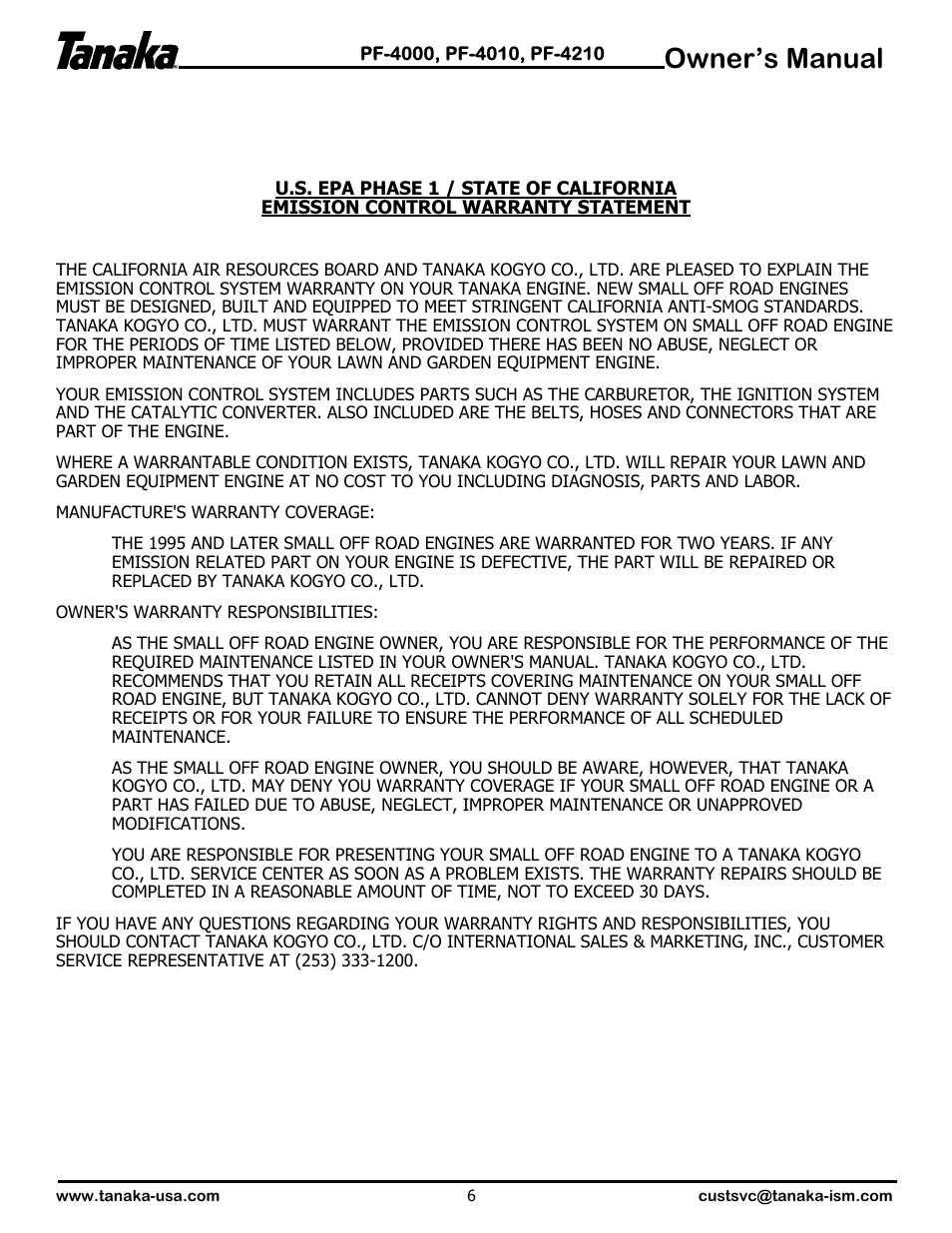 Epa/carb information, Owner’s manual | Tanaka PF-4000 User Manual | Page 7 / 7