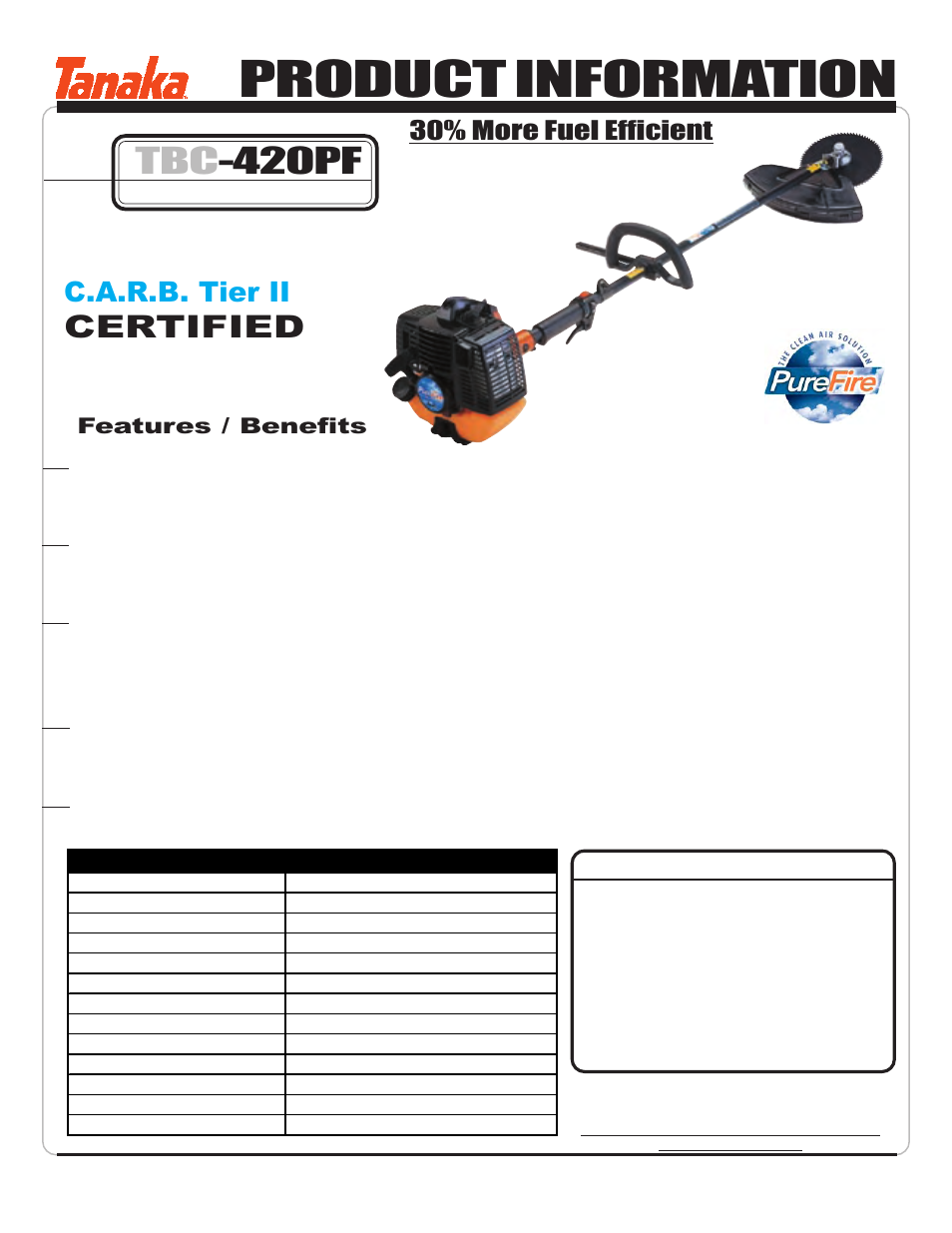 Specifications, Product information, Tbc -420pf | Certified, C.a.r.b. tier ii, 30% more fuel efficient, Optional accessories, Features / benefits | Tanaka TBC-420PF User Manual | Page 2 / 17
