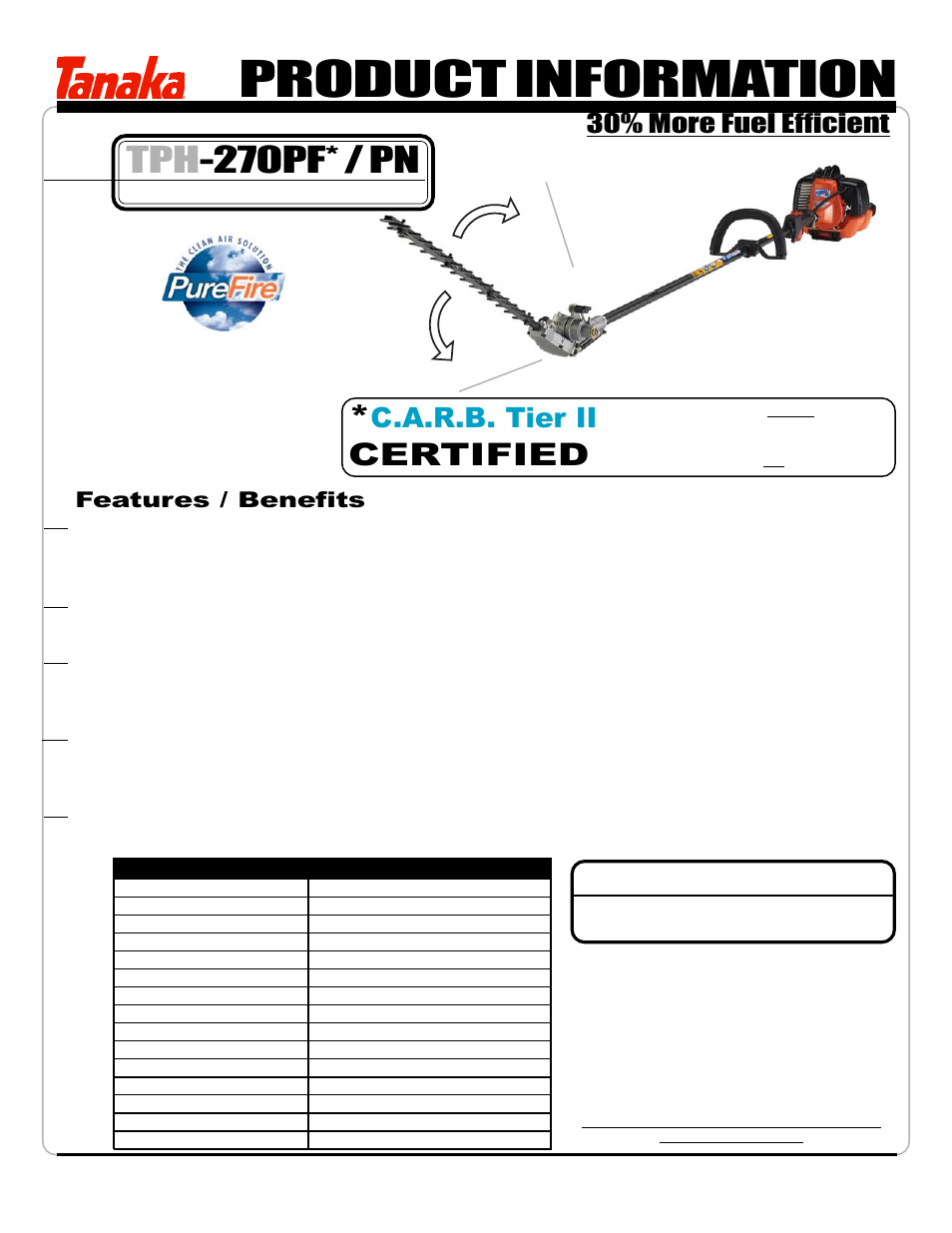 Specifications, Product information, Tph -270pf* / pn | Certified, C.a.r.b. tier ii, 30% more fuel efficient optional accessories | Tanaka TPH-270PF/PN User Manual | Page 2 / 19