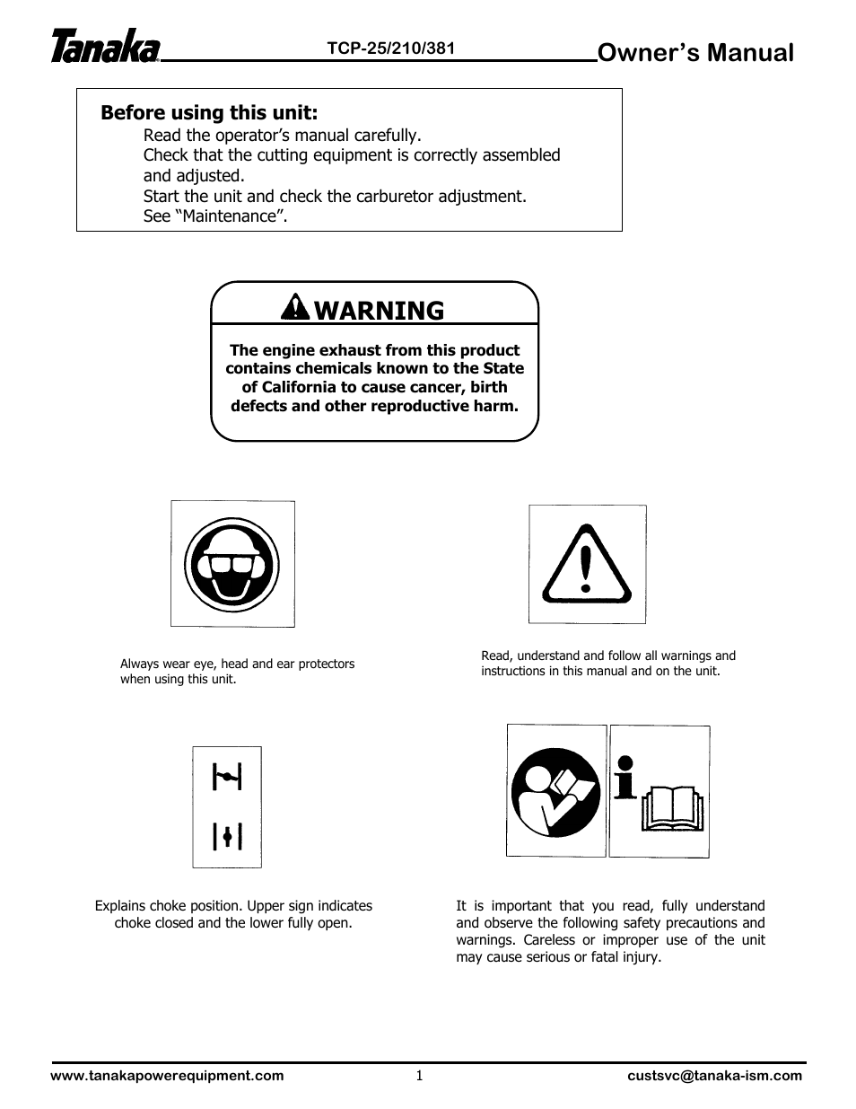 Symbols & alerts, Owner’s manual, Warning | Tanaka TCP-210 User Manual | Page 2 / 10