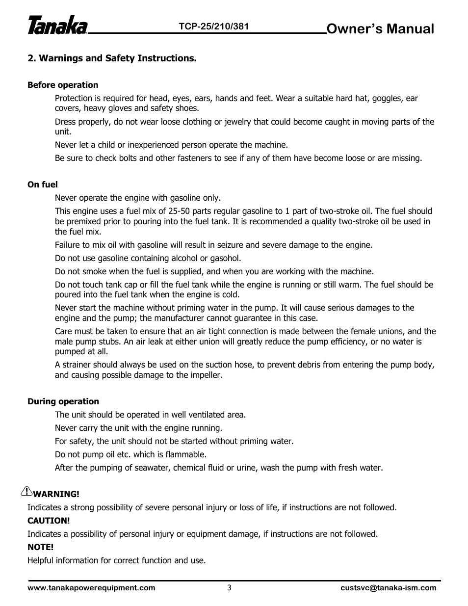 Safety instructions, Owner’s manual | Tanaka TCP-210 User Manual | Page 4 / 10