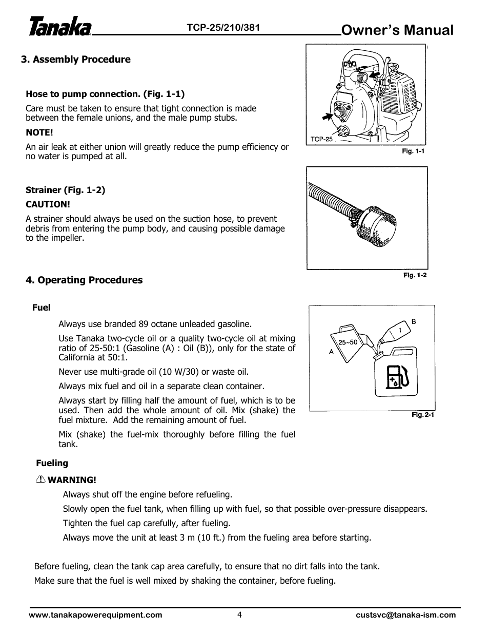 Assembly, Operation, Owner’s manual | Tanaka TCP-210 User Manual | Page 5 / 10