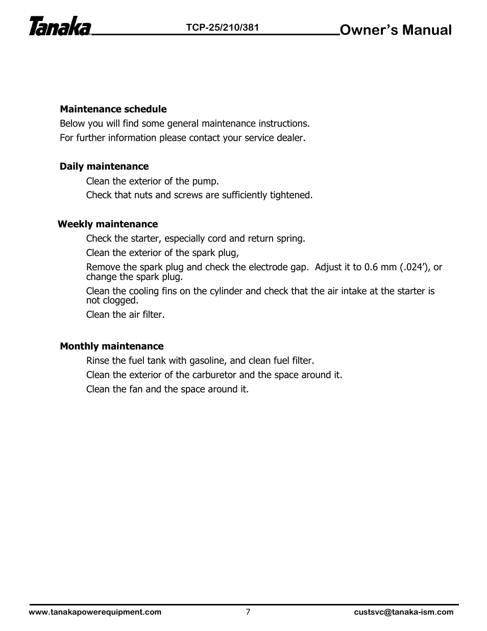 Owner’s manual | Tanaka TCP-210 User Manual | Page 8 / 10