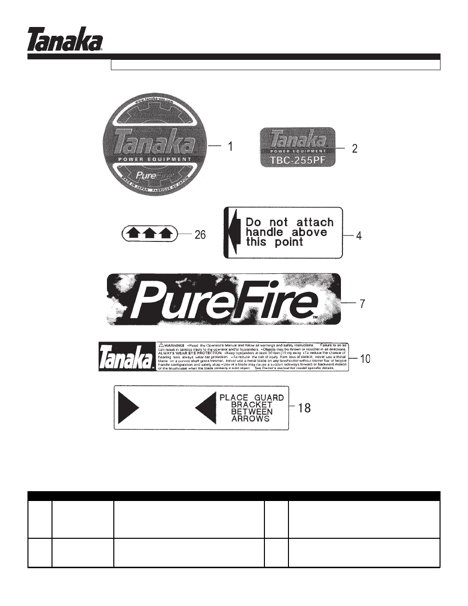 Decals, Parts information, Tbc-255pf | Tanaka TBC-255PF User Manual | Page 16 / 16