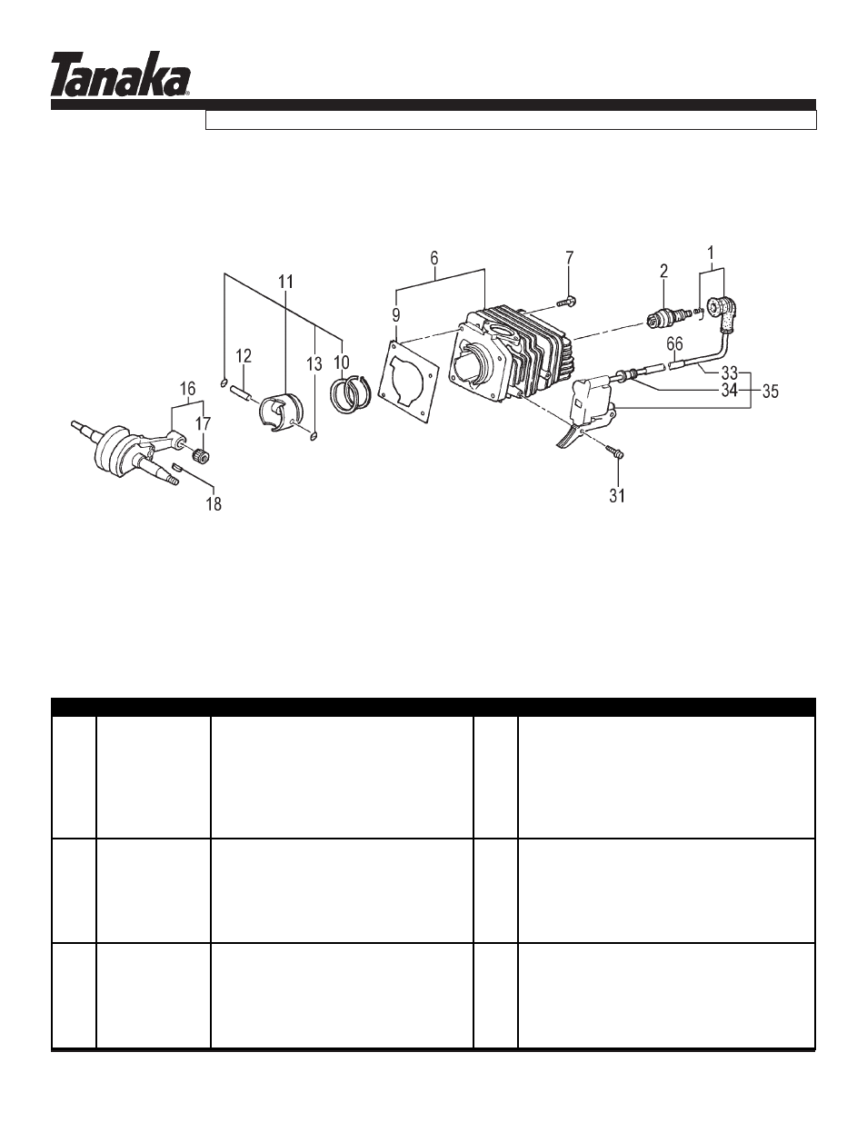 Cylinder, piston, crank & ignition, Tcs-3401/s, Parts information | Tanaka TCS-3401/S User Manual | Page 2 / 16