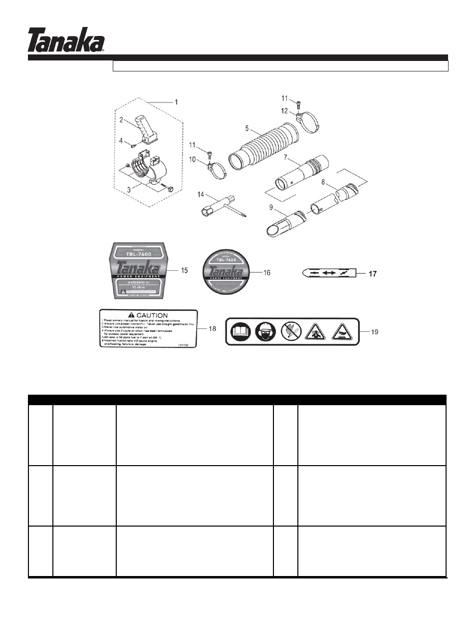 Handle, blower tubes & decals, Tbl-7600, Parts information | Tanaka TBL-7600/R User Manual | Page 13 / 14
