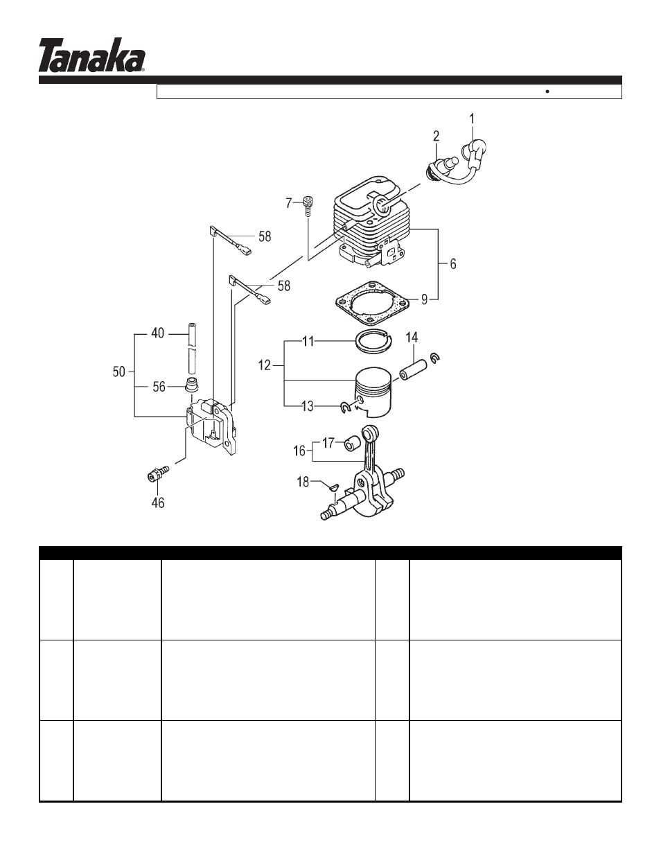 Cylinder, piston, crank & ignition, Parts information, Tbc-225 | Tanaka TBC-225 User Manual | Page 2 / 20