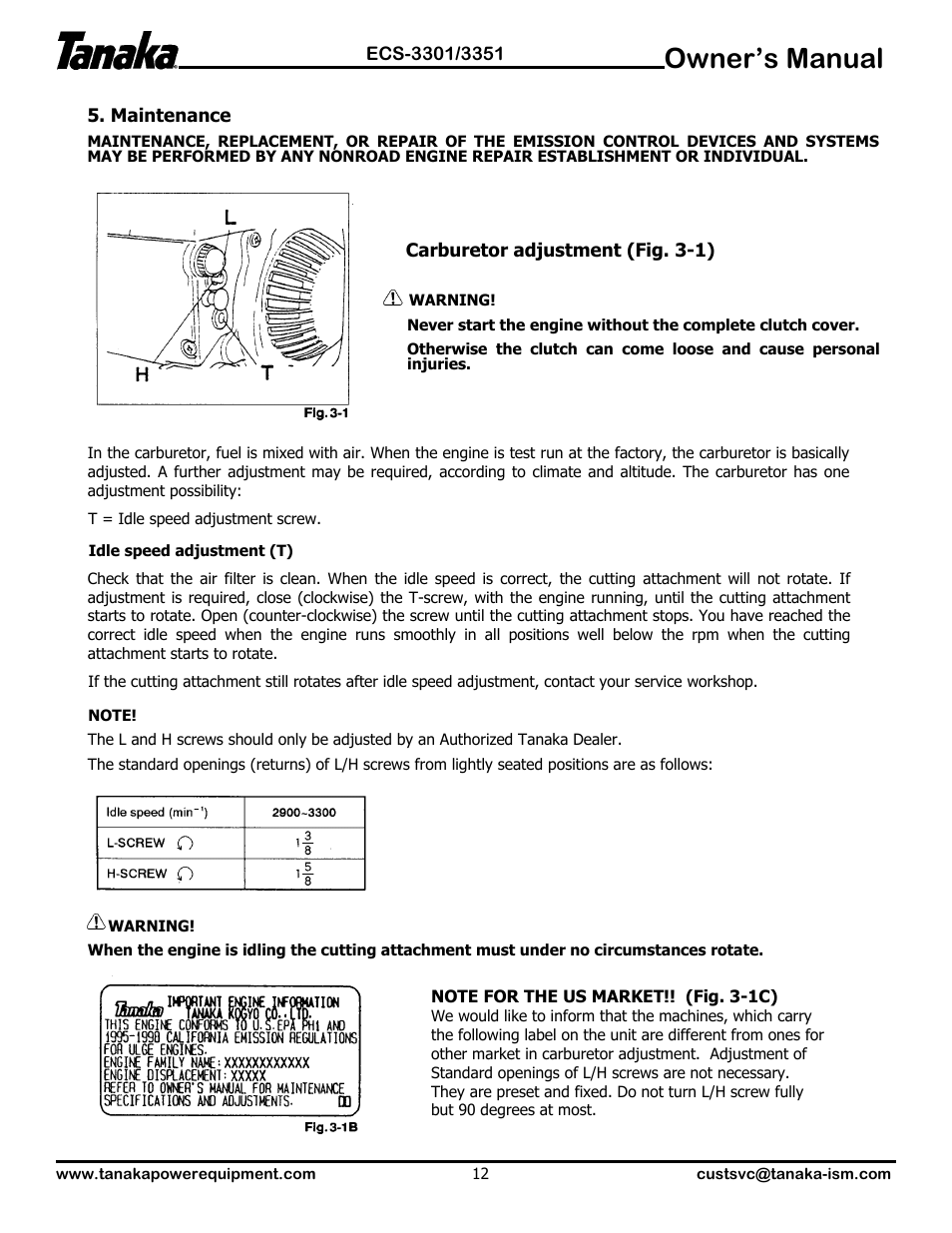 Maintenance, Owner’s manual | Tanaka ECS-3351 User Manual | Page 13 / 20