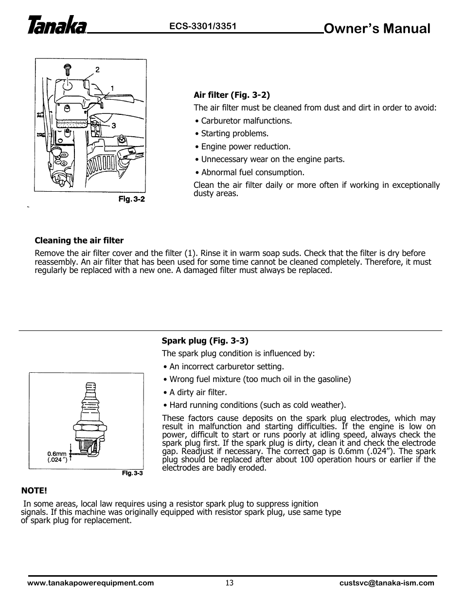 Owner’s manual | Tanaka ECS-3351 User Manual | Page 14 / 20