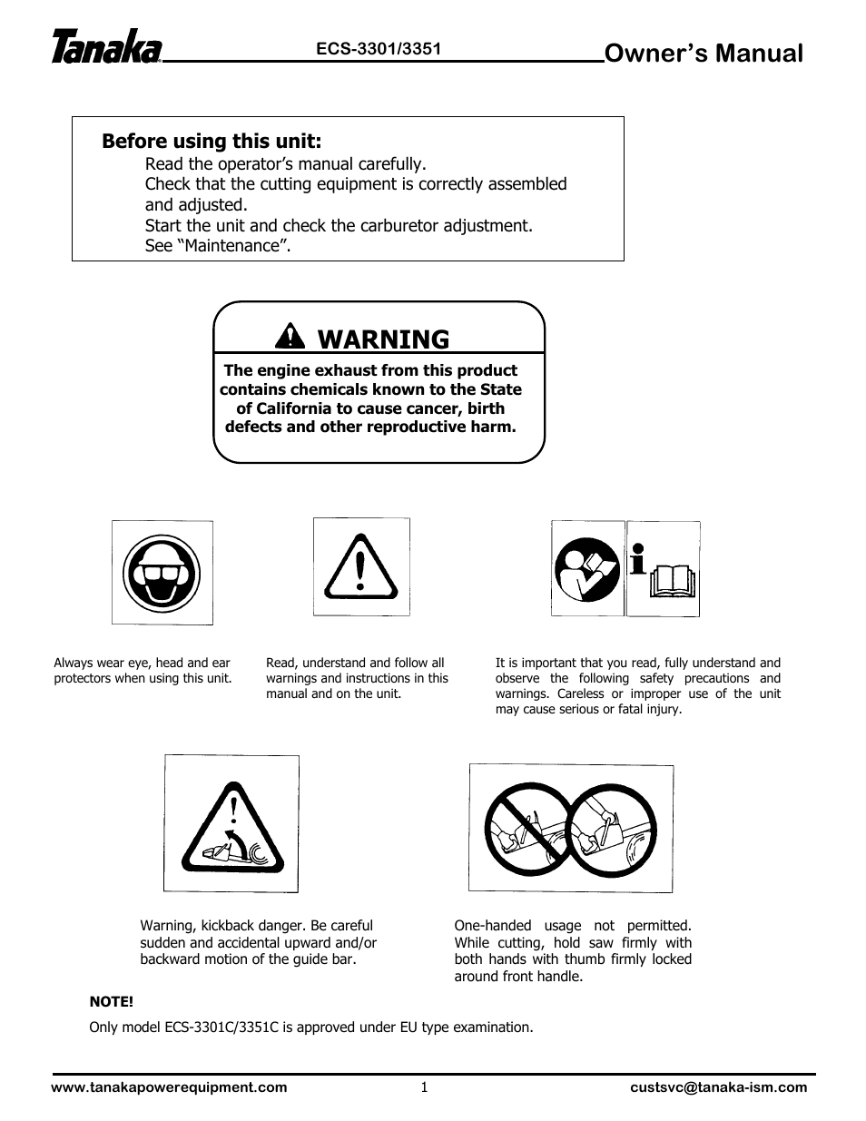 Symbols & alerts, Owner’s manual, Warning | Tanaka ECS-3351 User Manual | Page 2 / 20