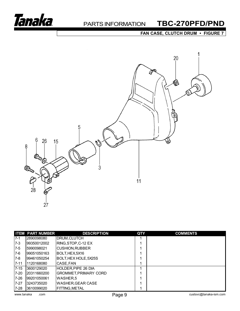 Fan case & clutch drum, Tbc-270pfd/pnd, Parts information | Tanaka TBC-270PND/PFD User Manual | Page 11 / 18