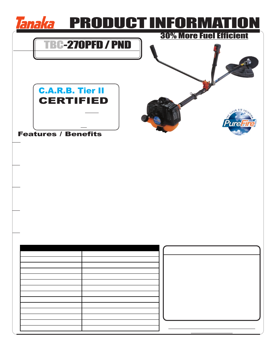 Specifications, Product information, Tbc -270pfd / pnd | Certified, C.a.r.b. tier ii, Optional accessories, 30% more fuel efficient, Features / benefits | Tanaka TBC-270PND/PFD User Manual | Page 2 / 18