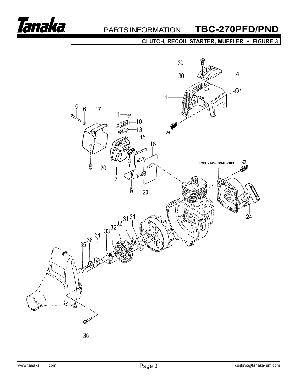 Clutch, starter & muffler, Tbc-270pfd/pnd, Parts information | Tanaka TBC-270PND/PFD User Manual | Page 5 / 18