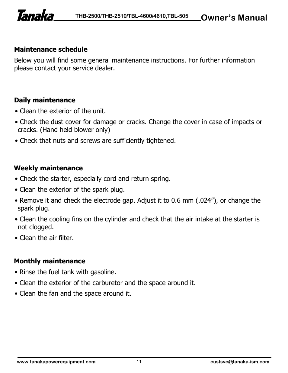 Owner’s manual | Tanaka TBL-4610 User Manual | Page 12 / 14