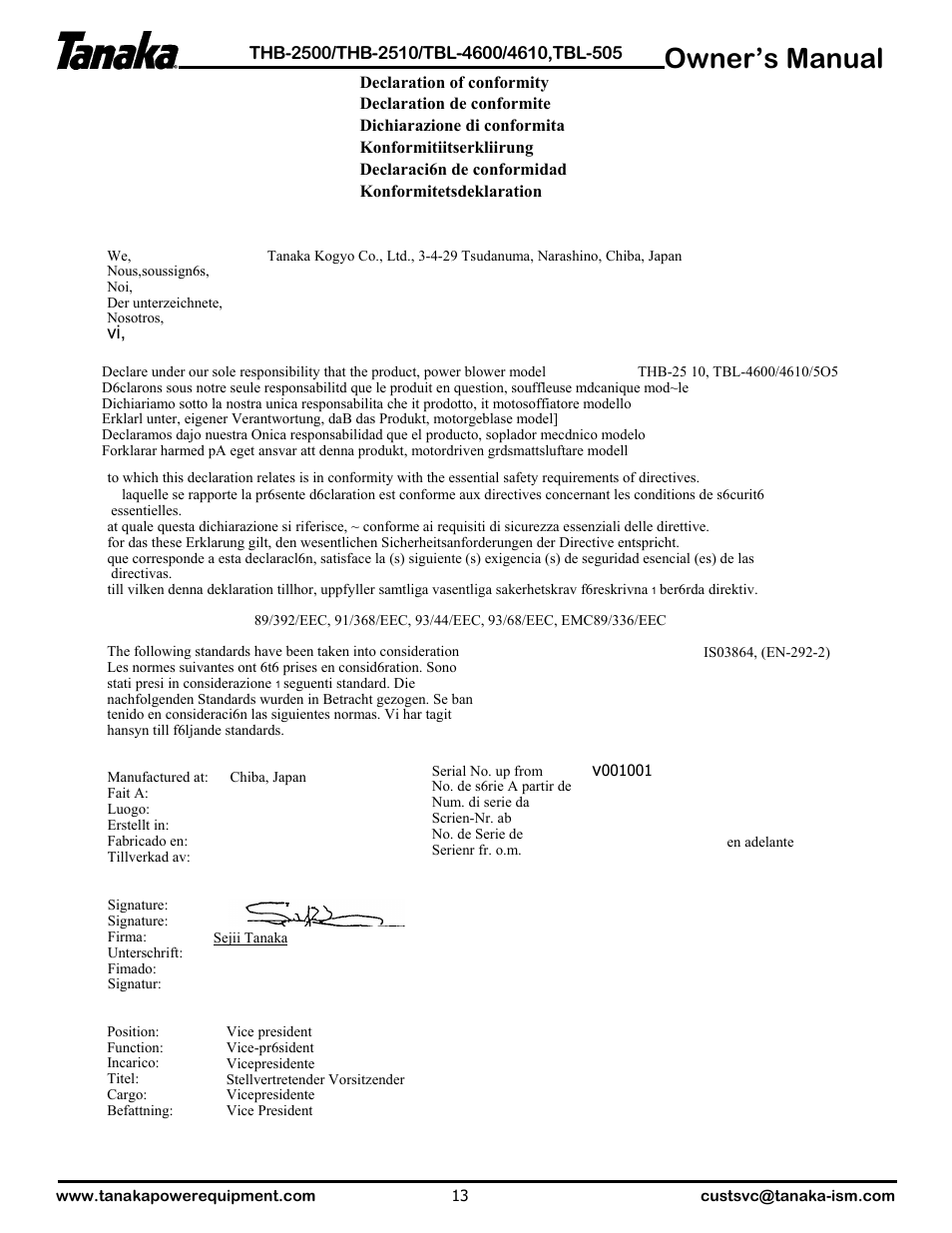 Declaration of conformity, Owner’s manual | Tanaka TBL-4610 User Manual | Page 14 / 14