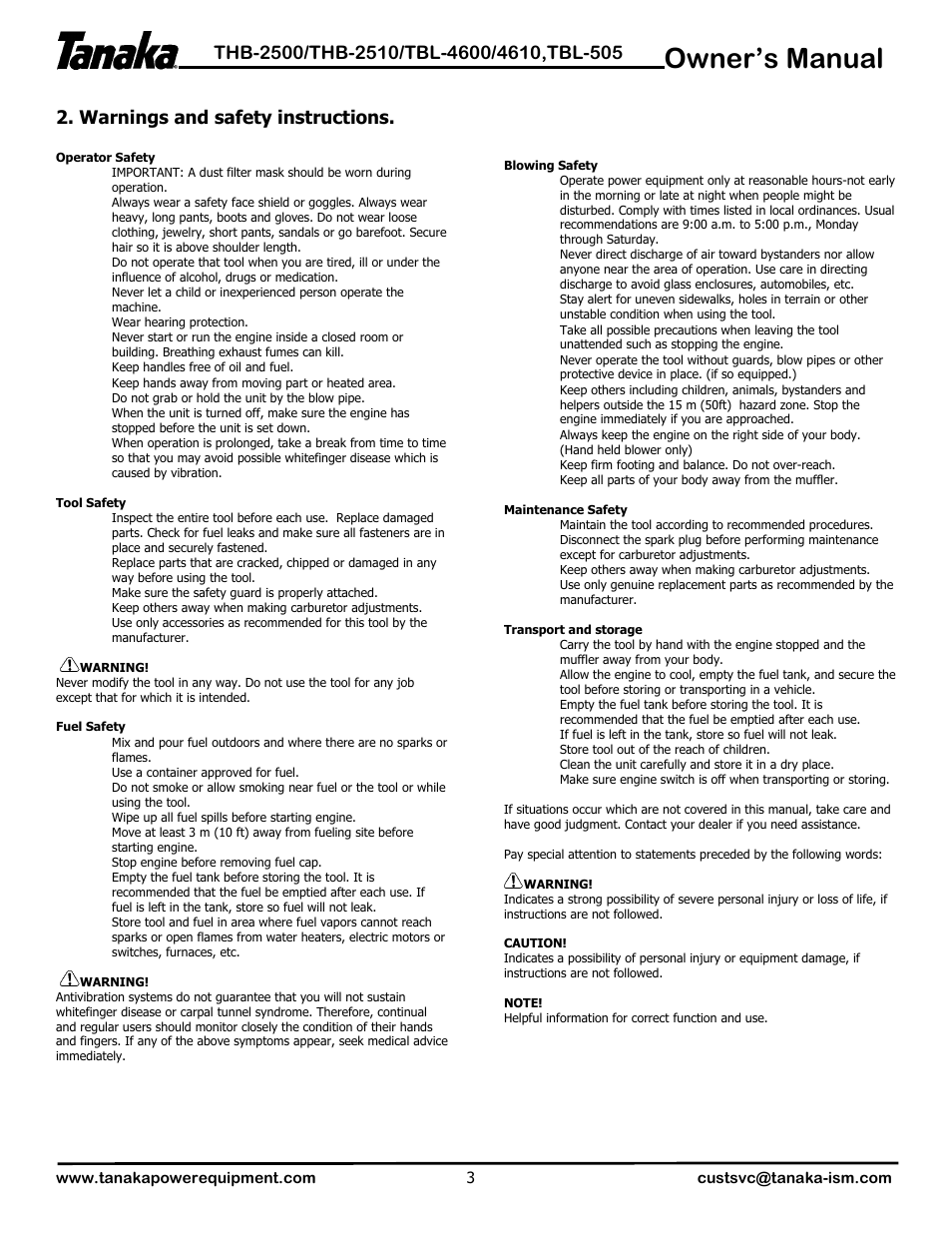 Warnings & safety instructions, Owner’s manual | Tanaka TBL-4610 User Manual | Page 4 / 14