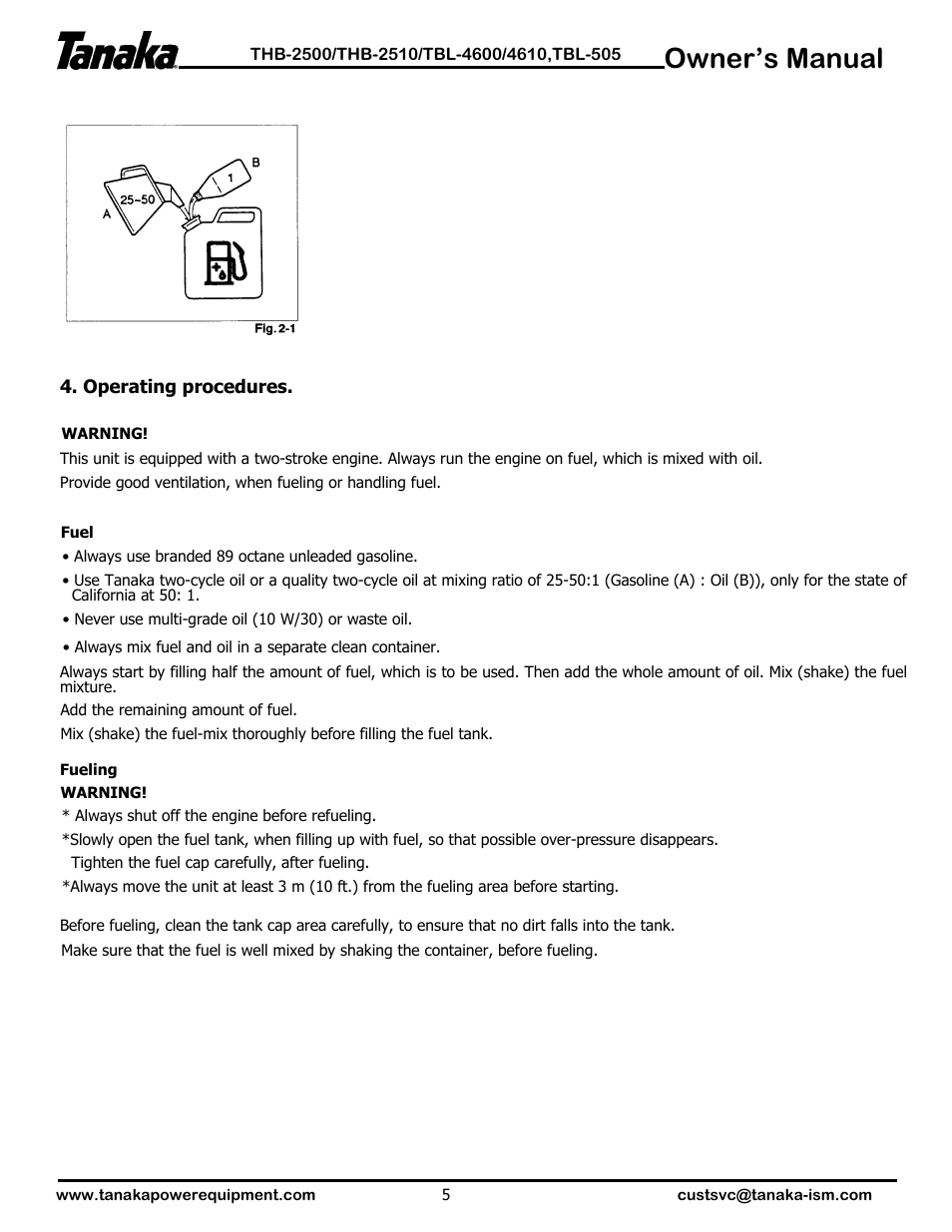 Operation, Owner’s manual | Tanaka TBL-4610 User Manual | Page 6 / 14
