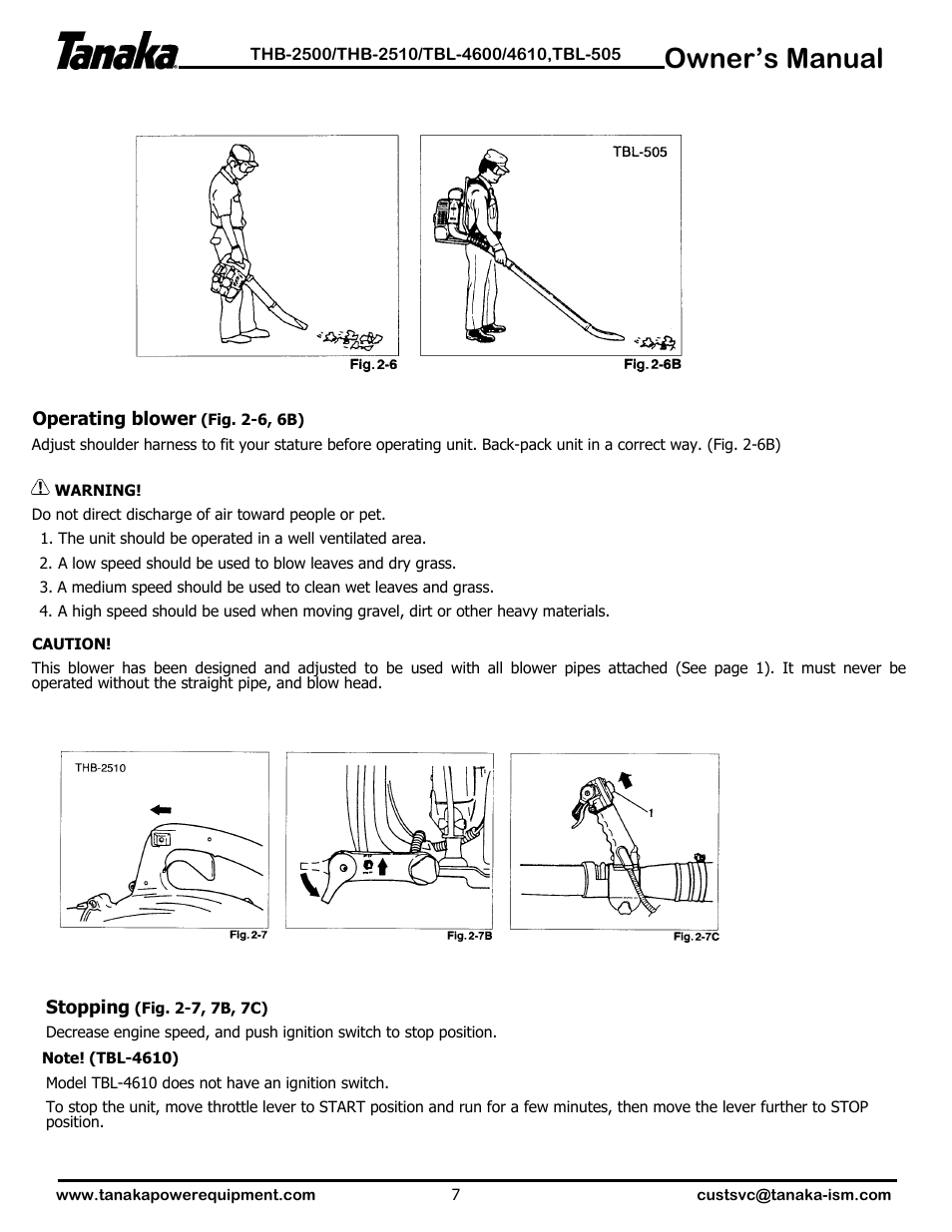 Operating your blower, Owner’s manual | Tanaka TBL-4610 User Manual | Page 8 / 14