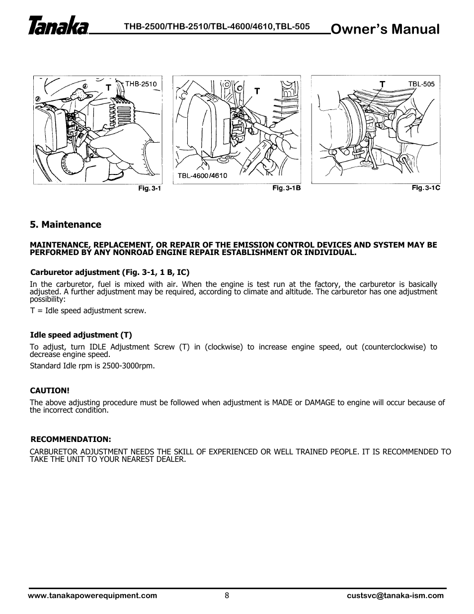 Maintenance, Owner’s manual | Tanaka TBL-4610 User Manual | Page 9 / 14