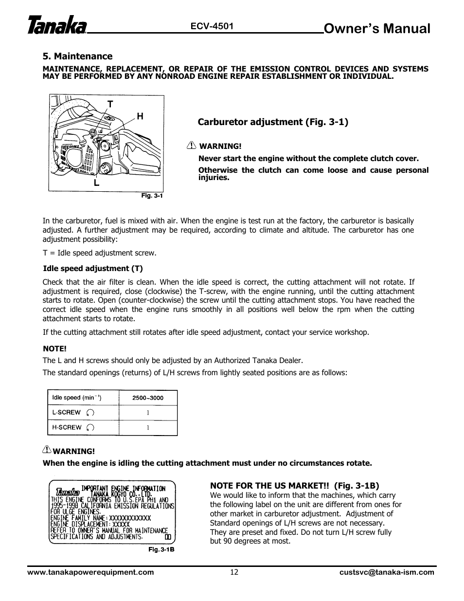 Maintenance, Owner’s manual | Tanaka ECV-4501 User Manual | Page 13 / 21