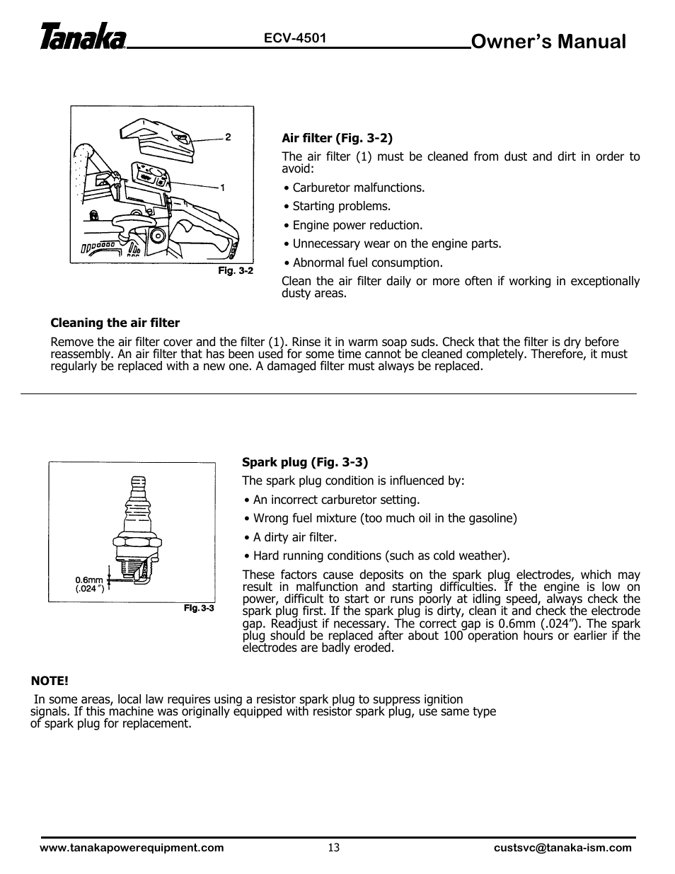 Owner’s manual | Tanaka ECV-4501 User Manual | Page 14 / 21